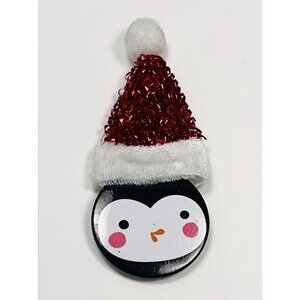 VTG 3.5" Christmas Holiday Penguin w/ Santa Hat Button Lapel Pin Brooch 900HF15